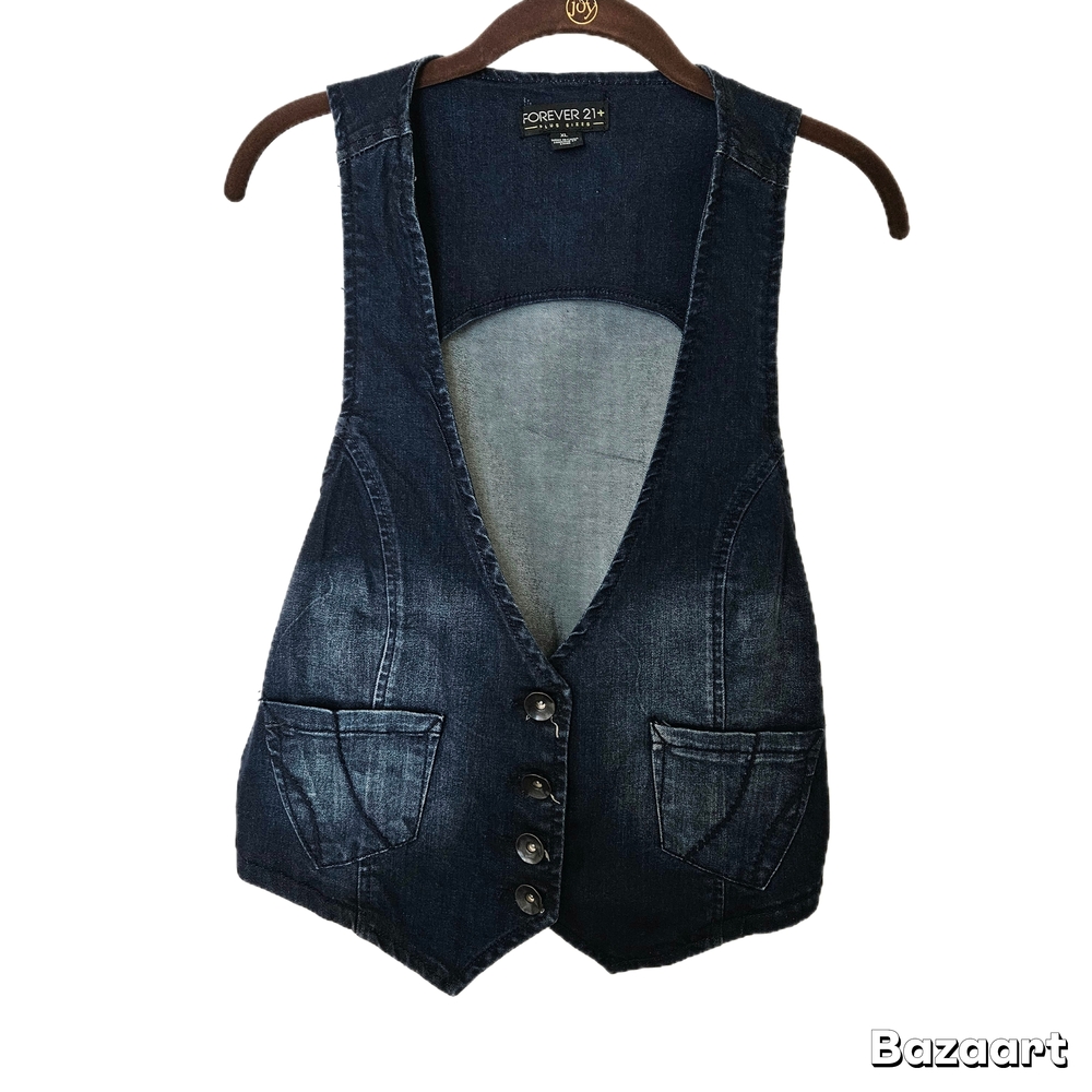 Forever 21 Women's Blue Stone-washed Denim-like Adjustable Cotton Vest Sz XL